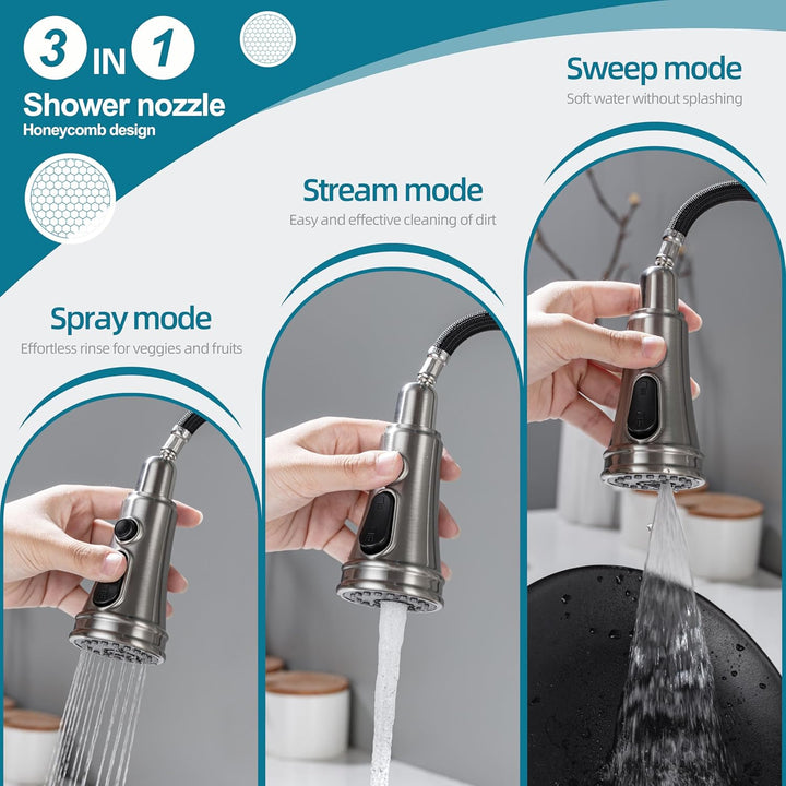 Wasserhahn Küche, Hochdruck Küchenarmatur mit Brause Ausziehbar, Mischbatterie Küche mit 3 Strahlart