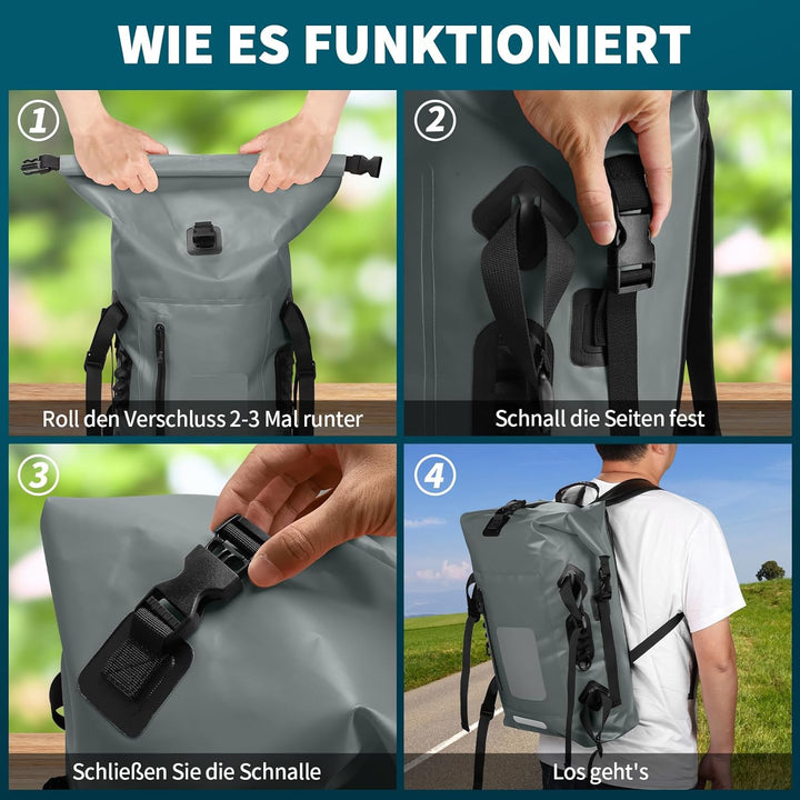 Wasserdichter Rucksack 30-35L, Rolltop Waterproof Backpack Mit Gepolstertem Tragegurt, Wasserdichtem