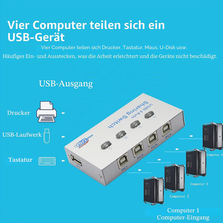 SinLoon Drucker-Splitter, USB-Drucker Sharing Switch, 4 Ports, 4 PC Share 1 USB-Gerät, High-Speed Sh