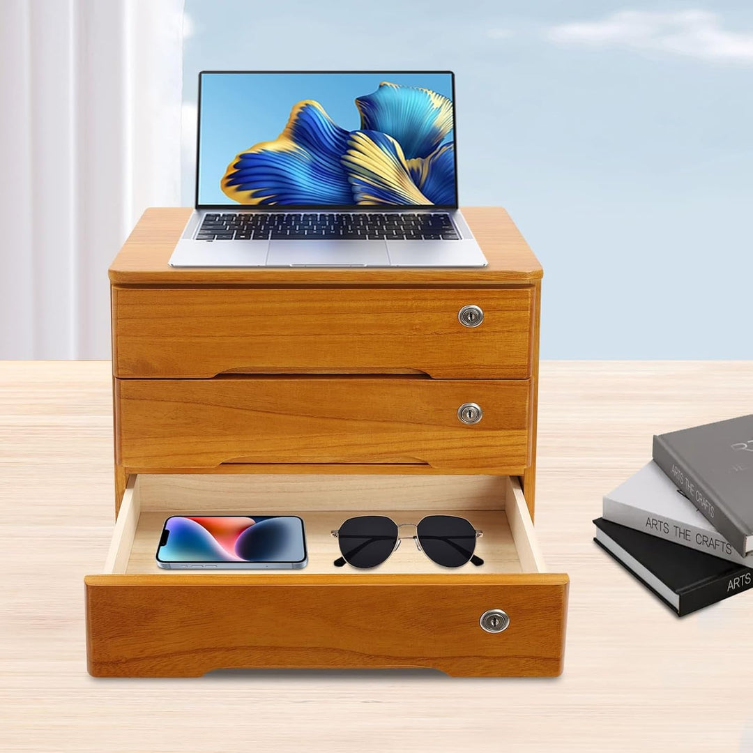Aufbewahrungsbox mit 3 Ebenen, mit abschliessbarer Schublade, Schreibtisch-Organizer aus Holz, L 39