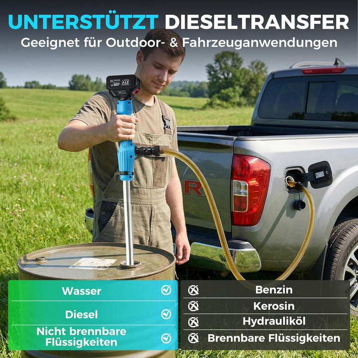 Kabellose Stab-Transferpumpe für Wasser/Diesel, 56mm Einlass unten, 2725L/h, Inkl. 2x 4,0 Ah Akku, 6