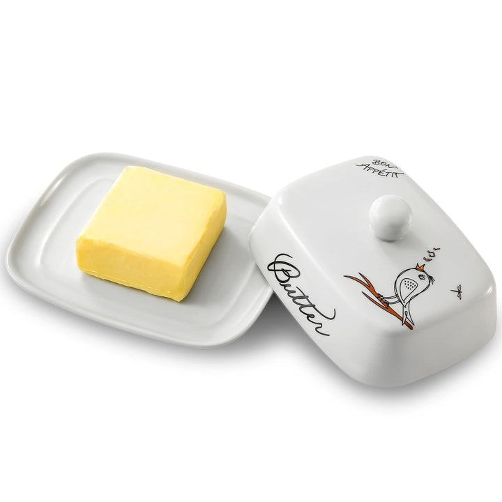 Butterdose mit Griff für 250g Butter, Hochwertige Keramik, Weiss mit Farbigem Vogelmuster, Porzellan