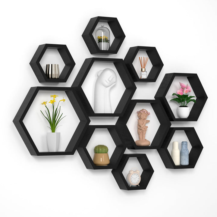 Sechseckige Wandregale Wabenförmige Regale 10er-Set Wandmontierte Holzregale im Landhausstil Wand-Au