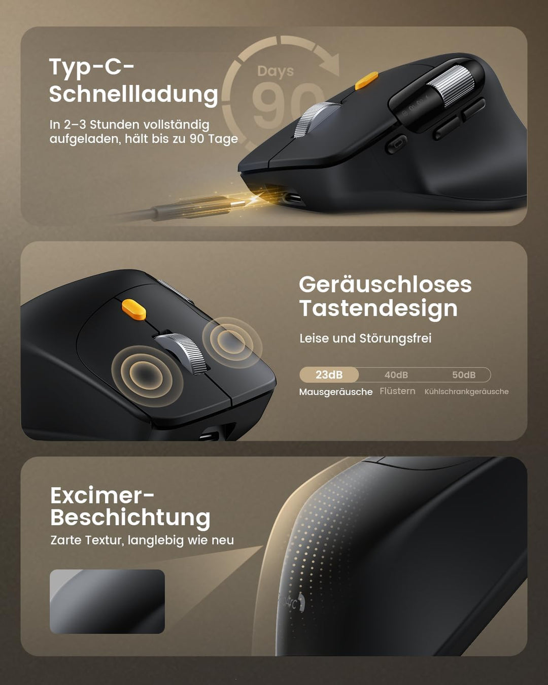 ProtoArc EM25 Ergonomische Maus mit Schnelles Scrollen, 2.4G Kabellos + 2*Bluetooth Wiederaufladbare