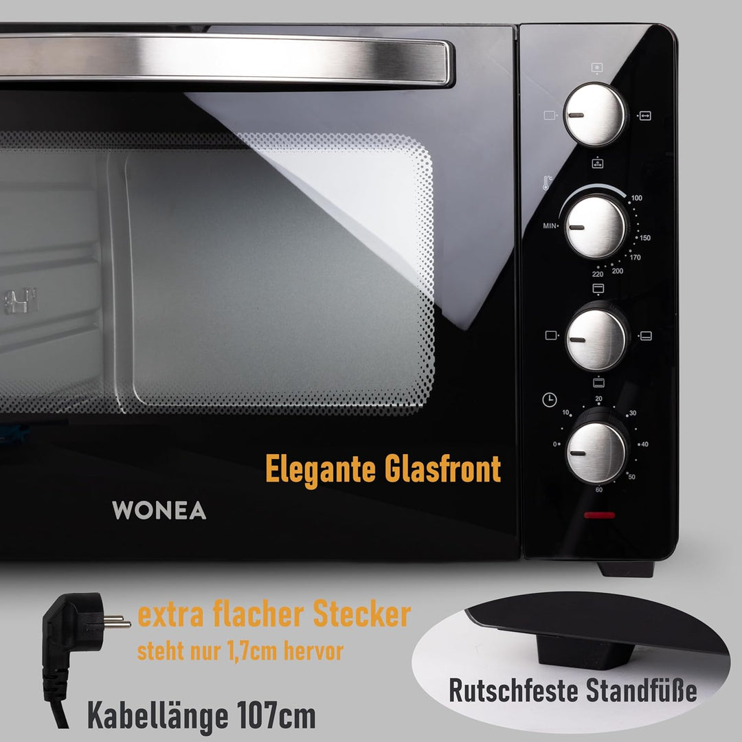 Minibackofen 45 Liter mit Glasfront und 2.000 Watt | Mini Backofen mit Umluft, Drehspiess und Krümel