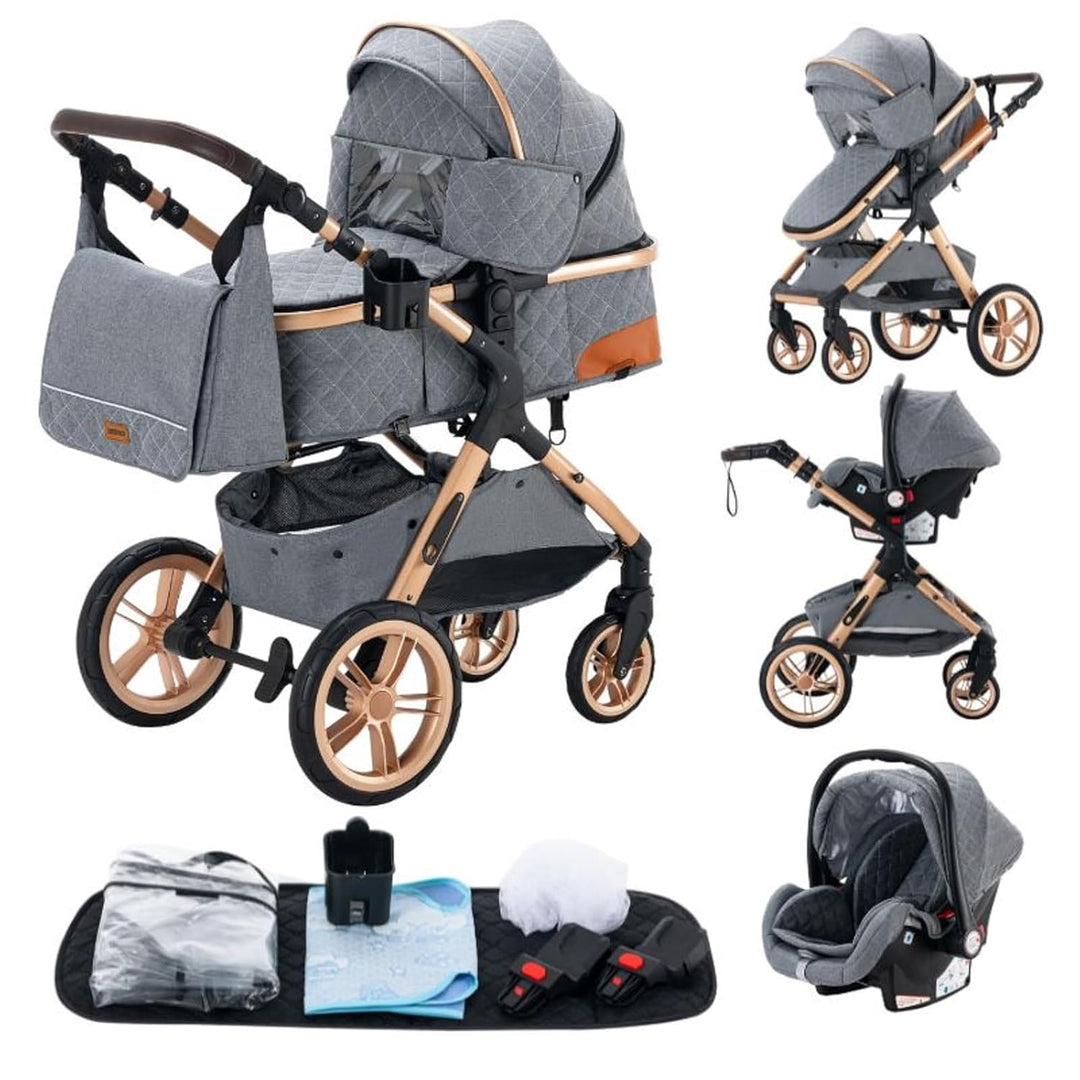 GLOKID Kinderwagen 3 in 1,Reisesysteme, Babywanne,Buggy&Sportsitz,Tragbarer,Voll-Gummireifen,Mit Ein