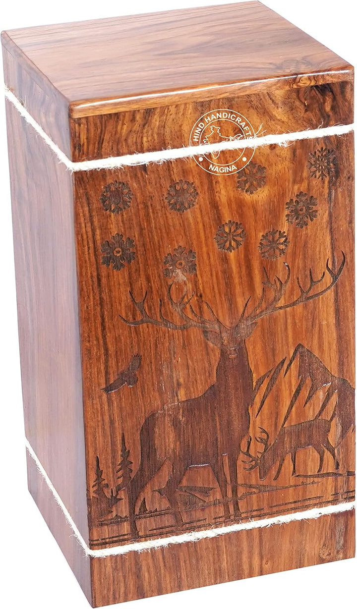 Handgefertigte Holzurne mit floraler Gravur für menschliche Asche für Erwachsene, gross – Buck Deer