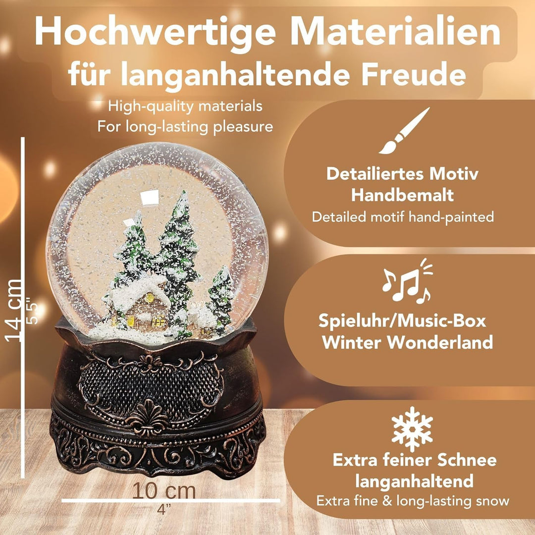 Schneekugel Weihnachten Spieluhr | Hüttenzauber Berghütte | Sockel Kupfer antik | Höhe: 140mm, Breit