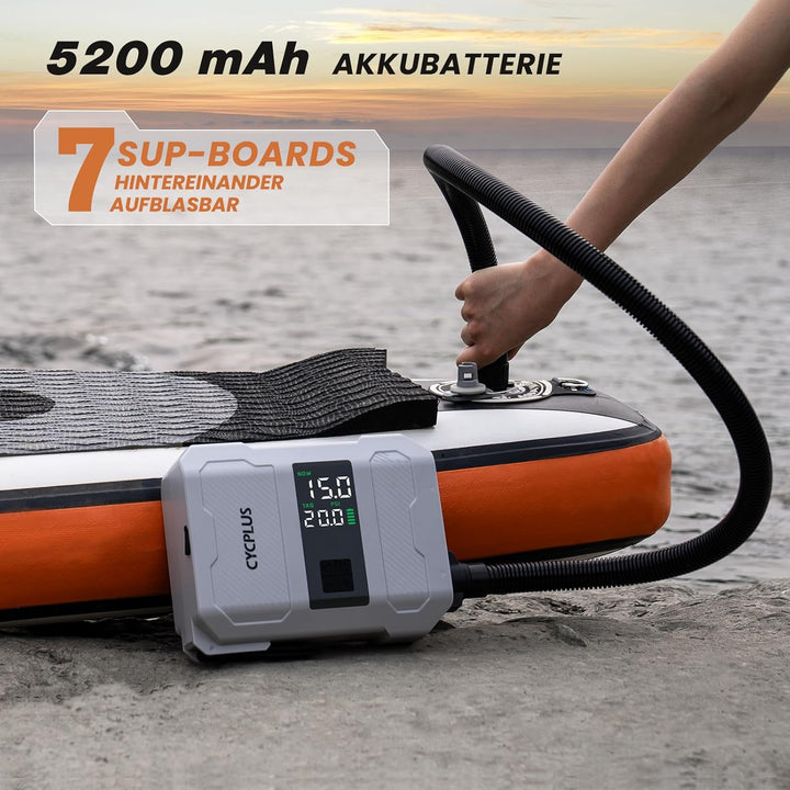 CYCPLUS SUP Pumpe, 20PSI, 5200mAh Akku, Aufpumpen &amp; Ablassen | Zwei-Stufen-Aufpumpen, Auto-Stopp &amp; D