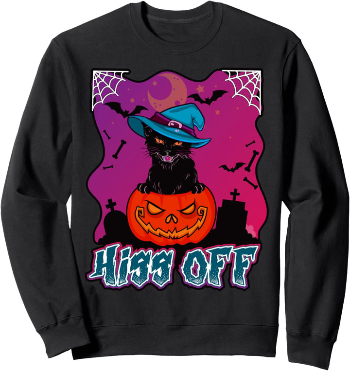 Hiss Off Schwarzes Katzenhemd Halloween Katzenhexenhut Sweatshirt