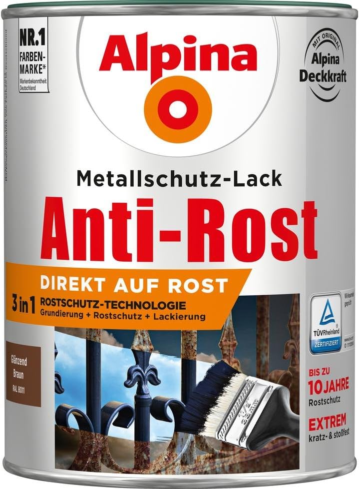 Alpina Metallschutzlack Anti-Rost Braun 2,5 Liter glänzend 2.5 l (1er Pack) Braun glänzend, 2.5 l (1