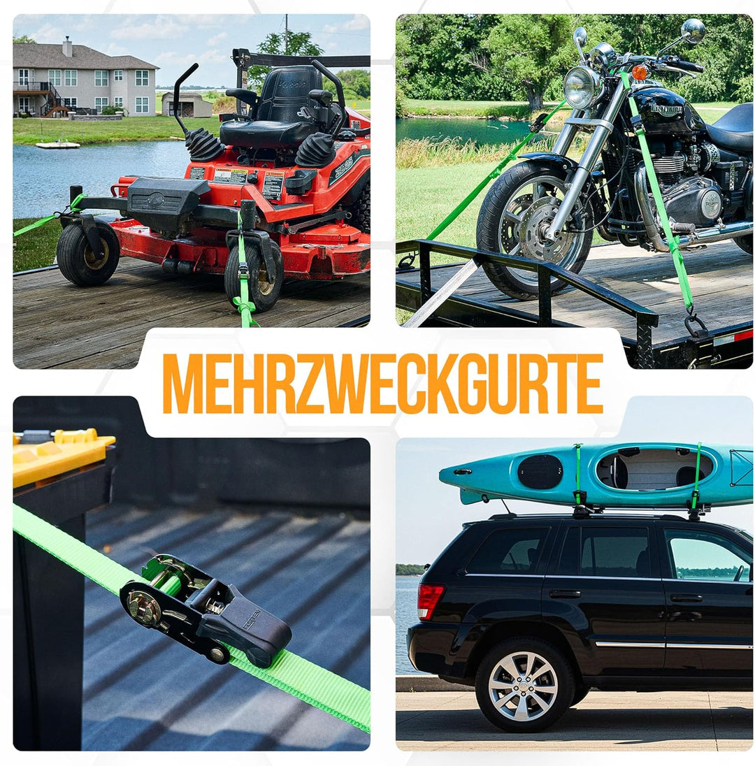 FORTEM Spanngurte, 1043 kg Bruchfestigkeit, 4 x 4,57 m Spanngurte mit Ratsche - 4 Weiche Zurrschlauf