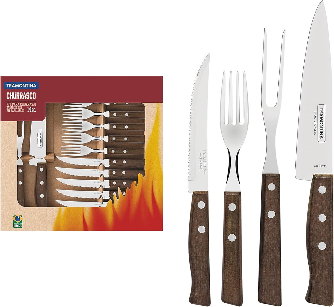 Tramontina 22299/011 Steakbesteck-Set, 14-teilig mit Naturholzgriffen 2- beziehungsweise, 3-Fach ver