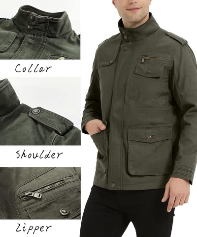 MERCIYD Herren Übergangsjacke Cargo Jacke Männer Stehkragen Baumwolle Jacke Multi Taschen Armeejacke