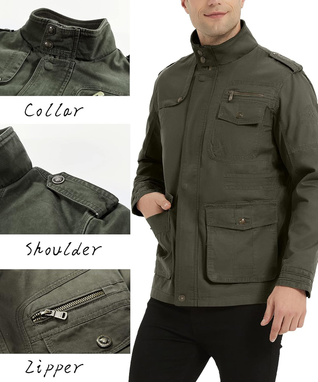 MERCIYD Herren Übergangsjacke Cargo Jacke Männer Stehkragen Baumwolle Jacke Multi Taschen Armeejacke