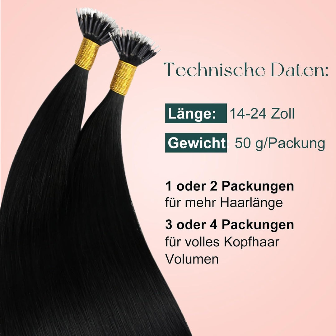 Easyouth Nano Bead Extensions Echthaar Farbe Pechschwarz 14 Zoll 50 Stück 50g Pre Bonded Haarverläng