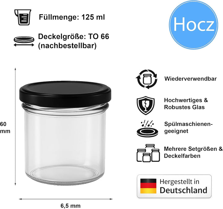 hocz 25x Marmeladengläser 125 ml Set | Deckel Schwarz TO 66 | mit Etiketten NZ | Einmachgläser mit S