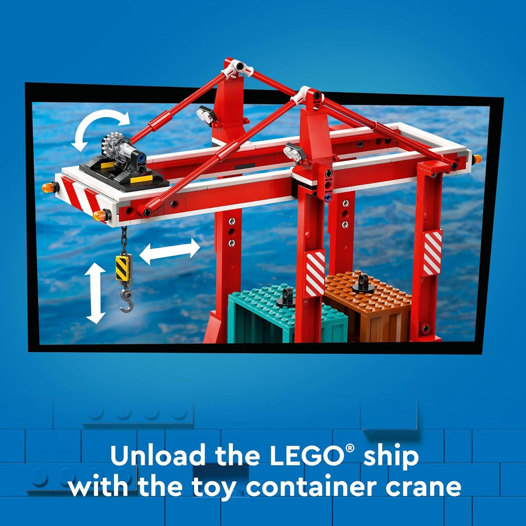 LEGO City Seaside Harbor mit Frachtschiff-Spielzeug, Modellcontainerkran und Boot mit 8 Minifiguren