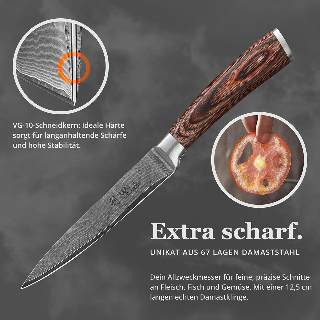 Wakoli EDIB Damastmesser Allzweckmesser 12,50cm Klinge extrem scharf aus 67 Lagen I Damast Küchenmes