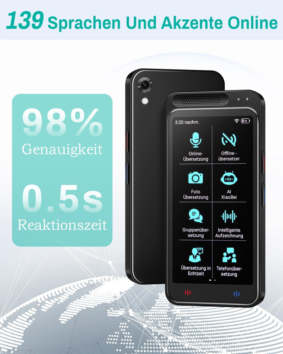 Sprachübersetzer Gerät, 139 Sprachen Übersetzungsgerät, Echtzeit-Übersetzung, WLAN/Hotspot/Offline-M