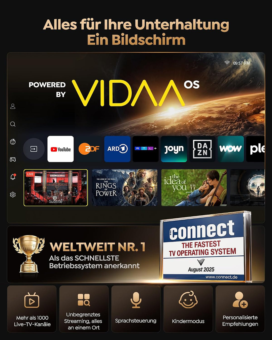 Beamer 4K mit VIDAA OS [2500 ANSI |56W Dolby Audio] FHD 1080P Outdoor Beamer Vollautomatische Einric