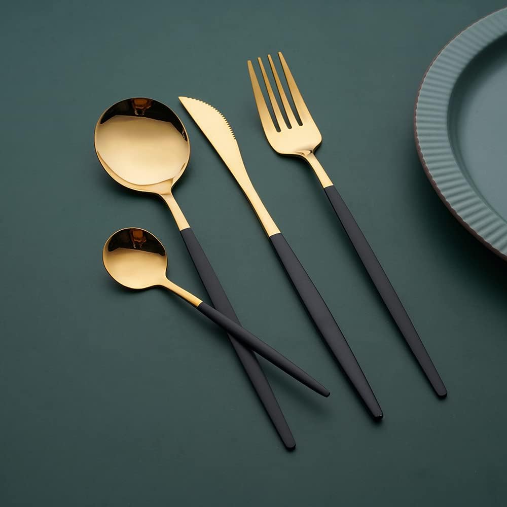 OUQIWEN16 Stück Besteck Schwarz Gold,Edelstahl Besteckset,Einschliesslich Steakmesser/Tafelgabeln/Su