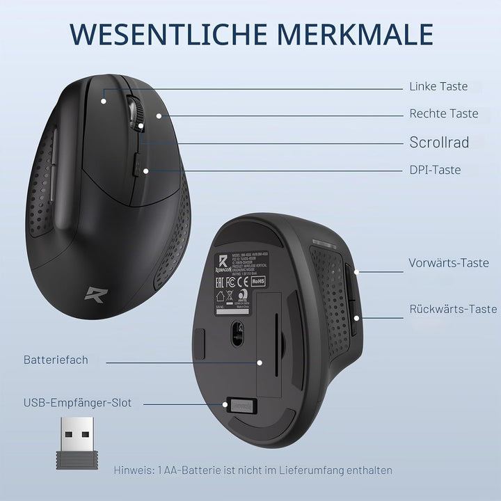 Redragon BM-4033 Kabellose, ergonomische Vertikalmaus, 2,4-GHz-Verbindung, 5 DPI-Stufen bis zu 4000,