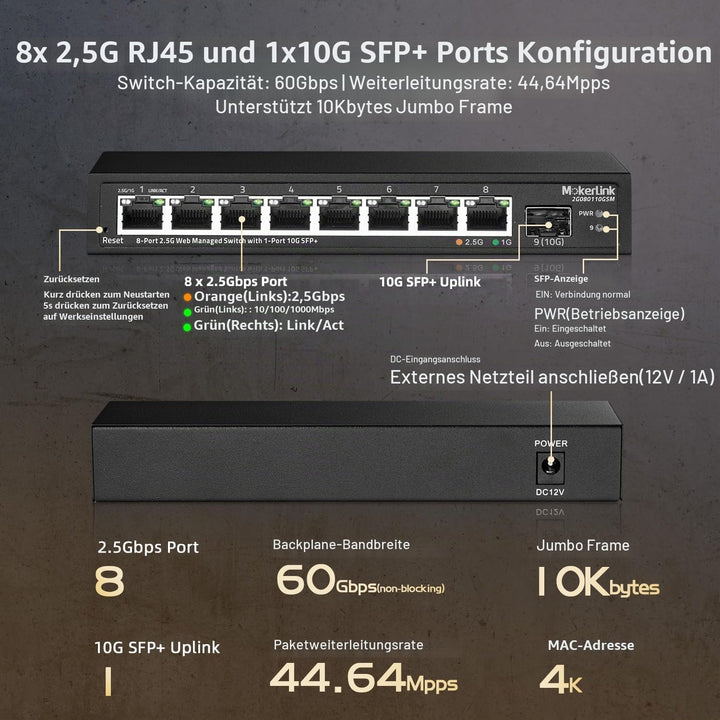 MokerLink 8 Port 2.5 Gigabit Managed Switch mit 10G SFP+ Slot, 8 x 2.5G Base-T Ports kompatibel mit