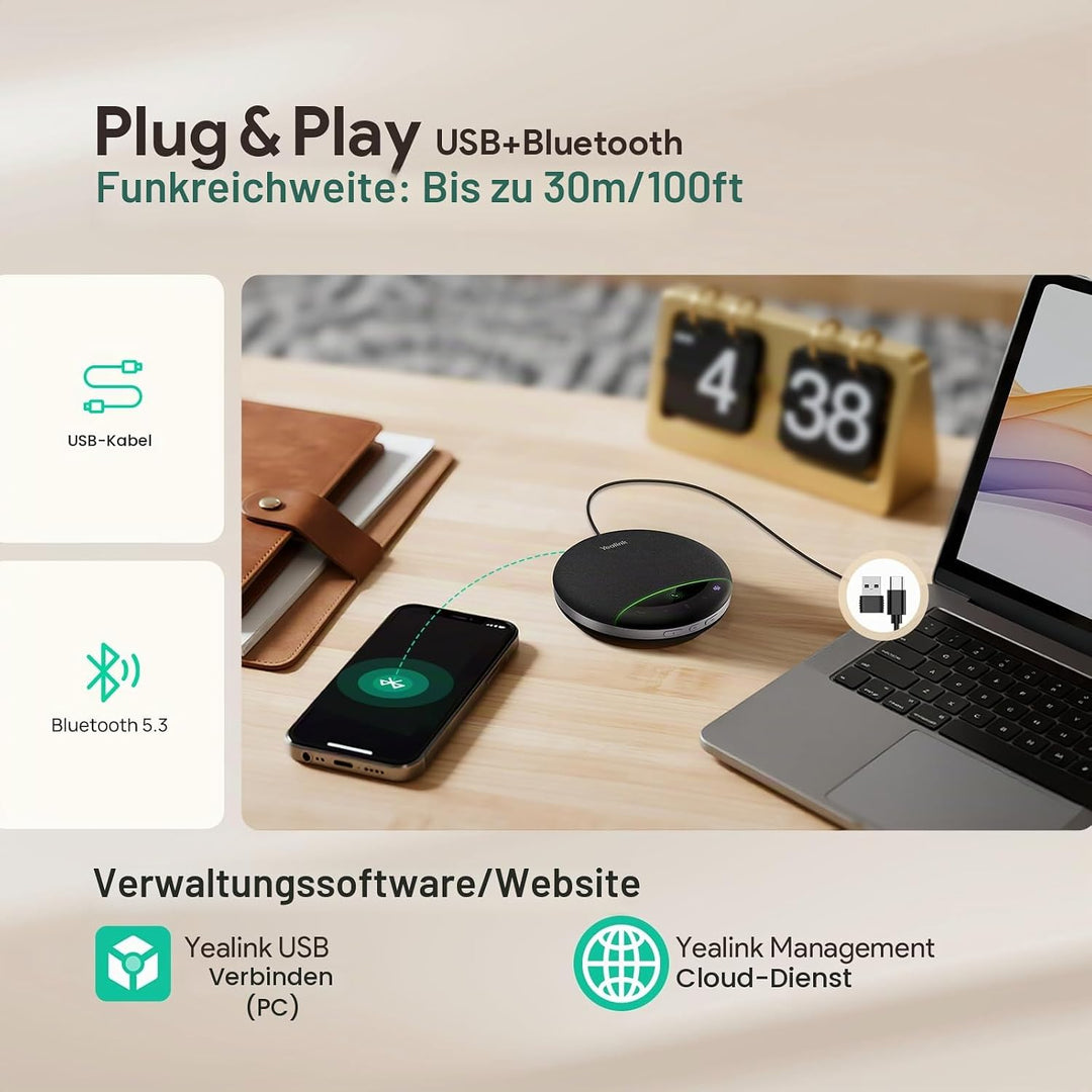 Yealink SP96 Bluetooth Konferenzlautsprecher, Tragbarer Lautsprecher mit 30 m Reichweite, 6 Mikrofon