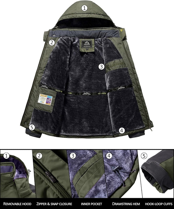 KEFITEVD Herren Winterjacke Wasserabweisende Warm Gefüttert Skijacke Outdoorjacke mit Abnehmbarer Ka