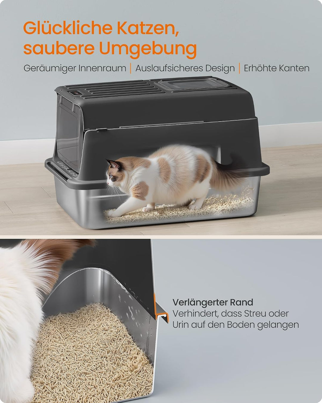 Feandrea Katzenklo Edelstahl, Katzentoilette mit Deckel, mit Schaufel, Katzenstreumatte und 2 Eingän