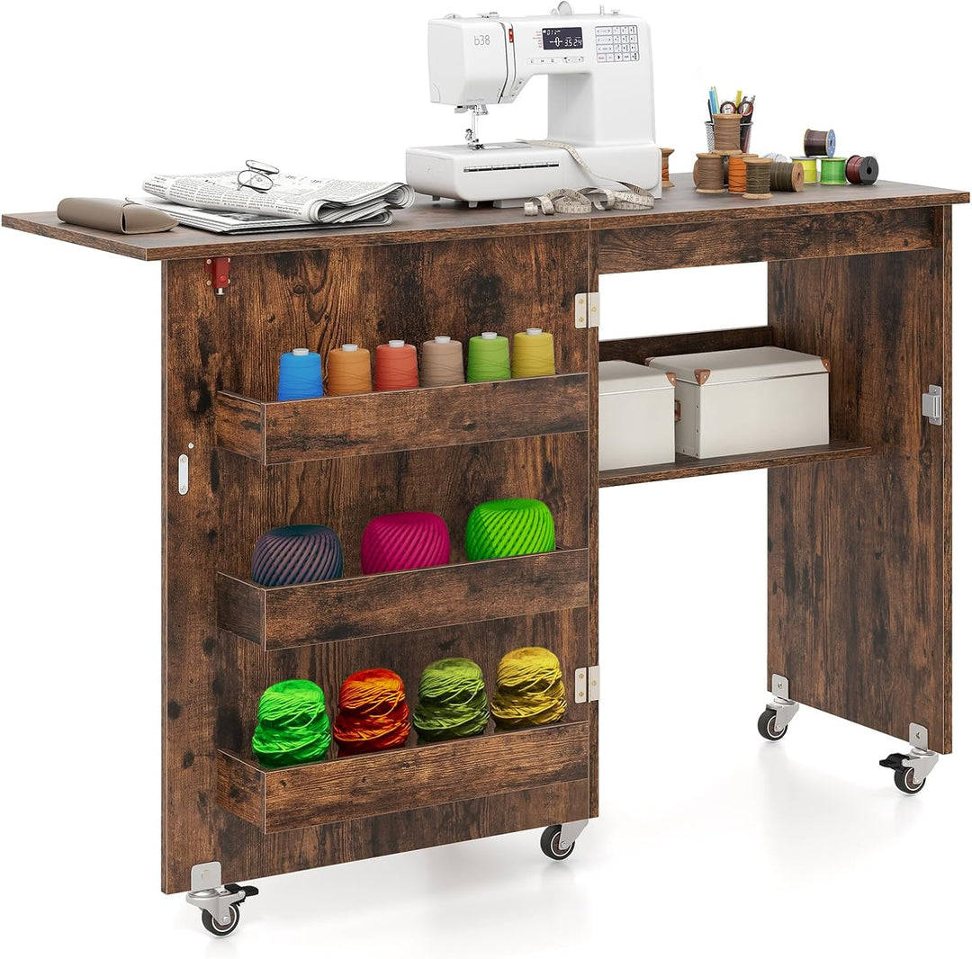 GIANTEX Nähtisch klappbar, Nähmaschinentisch auf Rollen, Nähtisch für Nähmaschine, Nähschrank Holz,