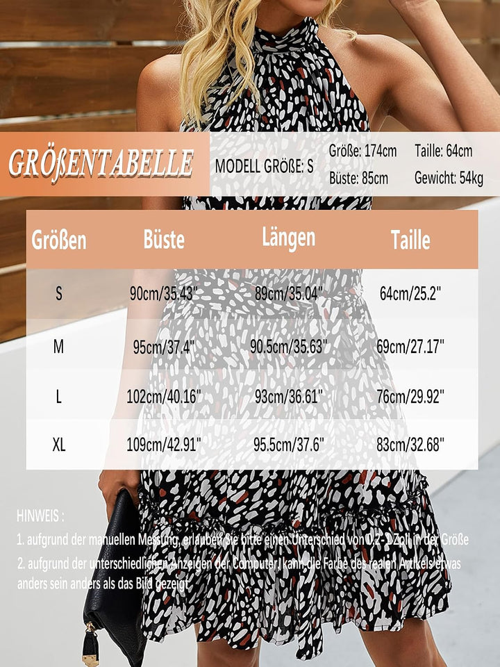Damen Blumen Kurz Sommerkleid Ärmellos Halter Neck Strandkleid Rüsche Sommer Boho Kleider mit Gürtel