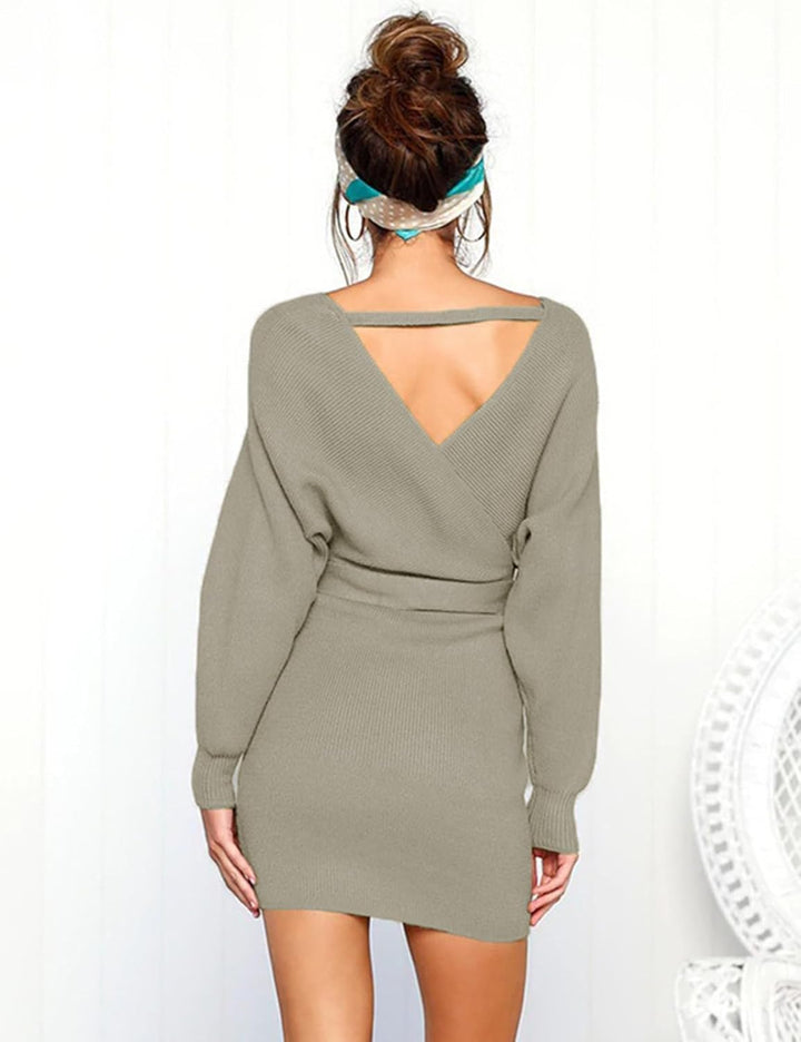 Vancavoo Strickkleid Damen Pulloverkleid V-Ausschnitt Elegant Langarm Pullover Winterkleid Strickpul