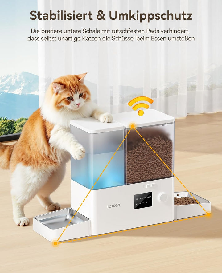 ROJECO Futterautomat Katze und Trinkbrunnen 2-in-1 mit APP WiFi Timer 8,5L katzenfutter automat(5L+3