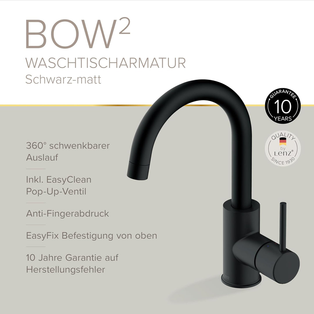 Lenz BOW² Waschtischarmatur schwarz-matt 46010251, Schwarz-matt