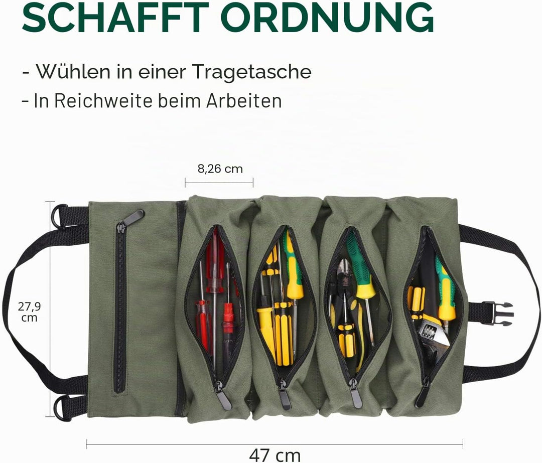 Werkzeugtasche, aufrollbare kleine Werkzeugbox, robuster Werkzeug-Organizer mit 2 abnehmbaren Tasche