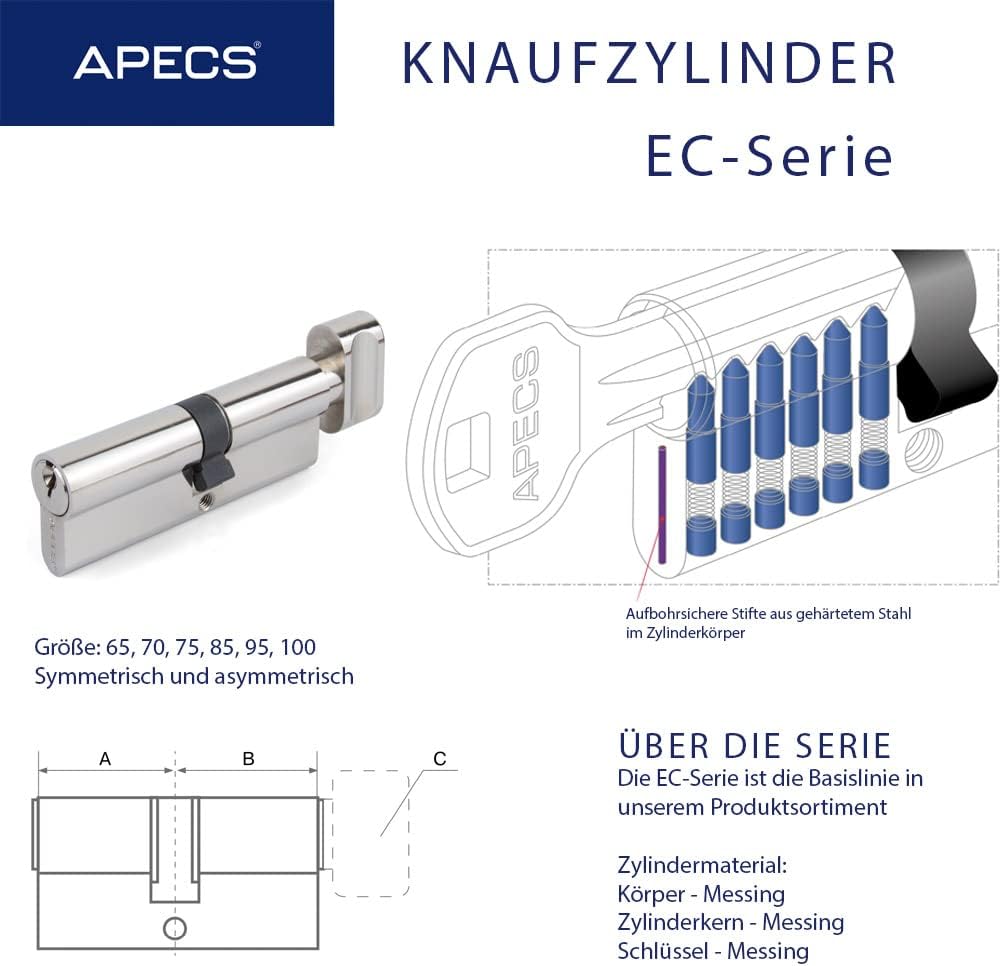 Knaufzylinder APECS Schliesszylinder mit Knauf Zylinderschloss 65(30C/35) mm fur Türschloss Haustür