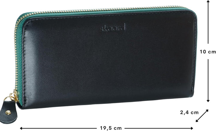 skaard Grosse Damen Geldbörse aus echtem Leder, Schwarz/Grün mit RFID-Schutz XL Schwarz-grün, Schwar