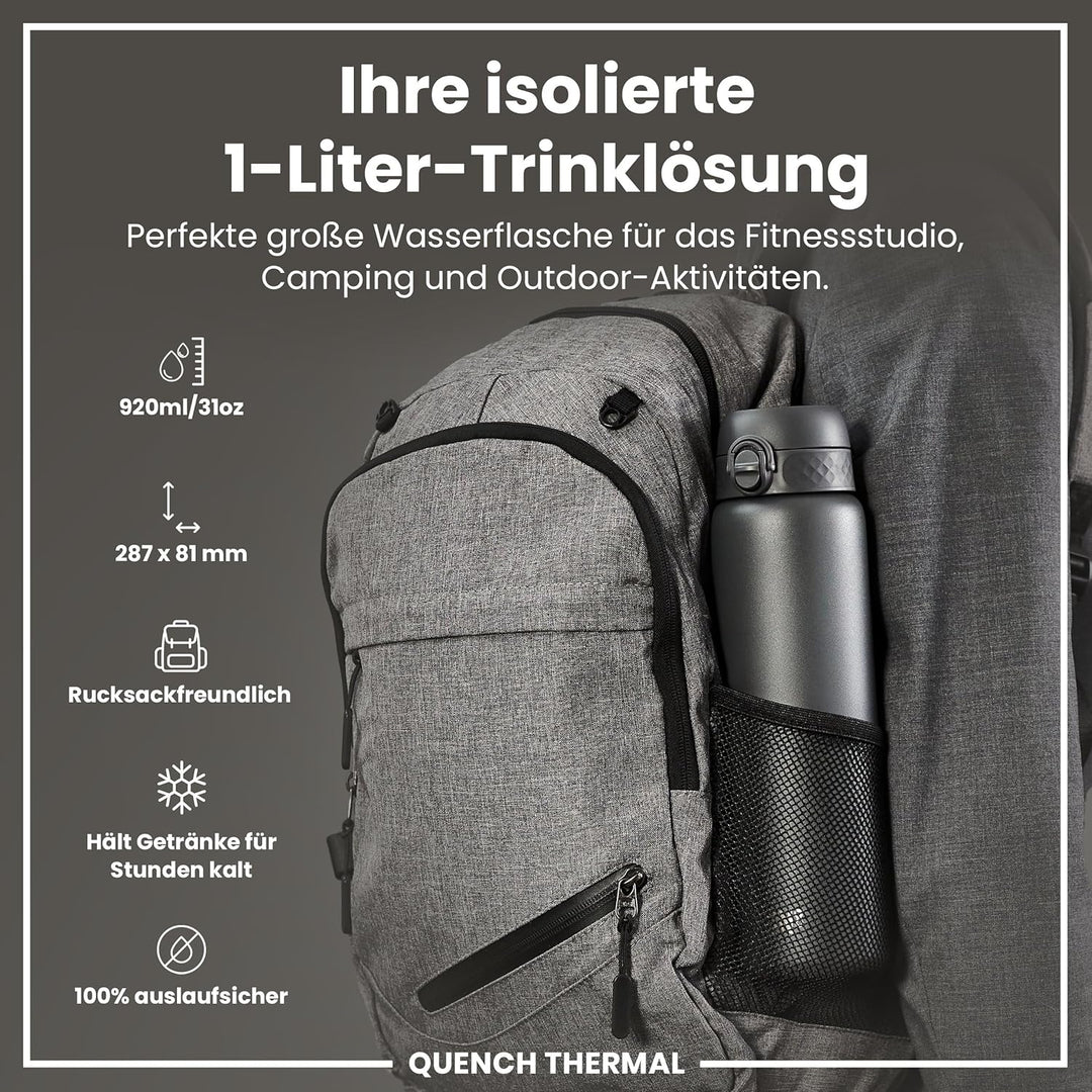 Ion8 Vakuumisolierte Edelstahl-Trinkflasche, 1 Liter, 920 ml, Auslaufsicher, Einhandöffnung, Sichere