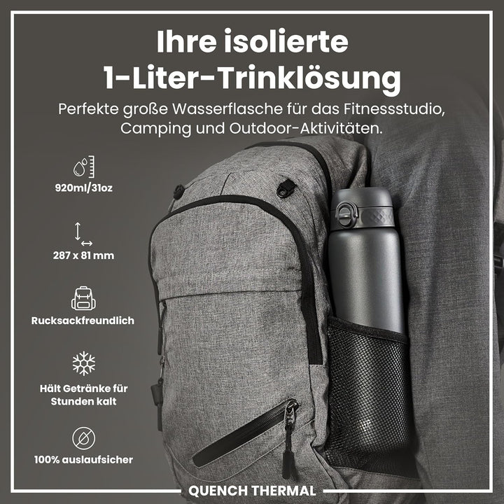 Ion8 Vakuumisolierte Edelstahl-Trinkflasche, 1 Liter, 920 ml, Auslaufsicher, Einhandöffnung, Sichere