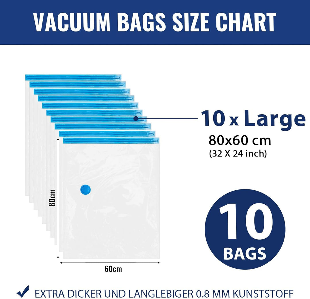 Chuner 10er Set Vakuumbeutel für Bettdecken - 80 x 60 cm, mit Luftdichtem Ventil und Handpumpe - BPA