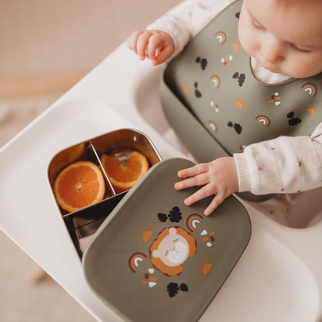 kikadu Brotdose Löwe Olive - Kindergeschirr, BPA-frei, 18/8 Edelstahl, mit niedlichen Aufdrucken, Ma