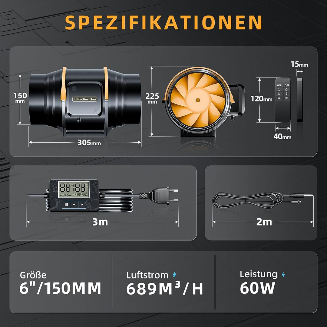 150mm Rohrventilator mit Fernbedienung, Timer Temperatur - und Feuchtigkeitsregler, Leise Rohrlüfter