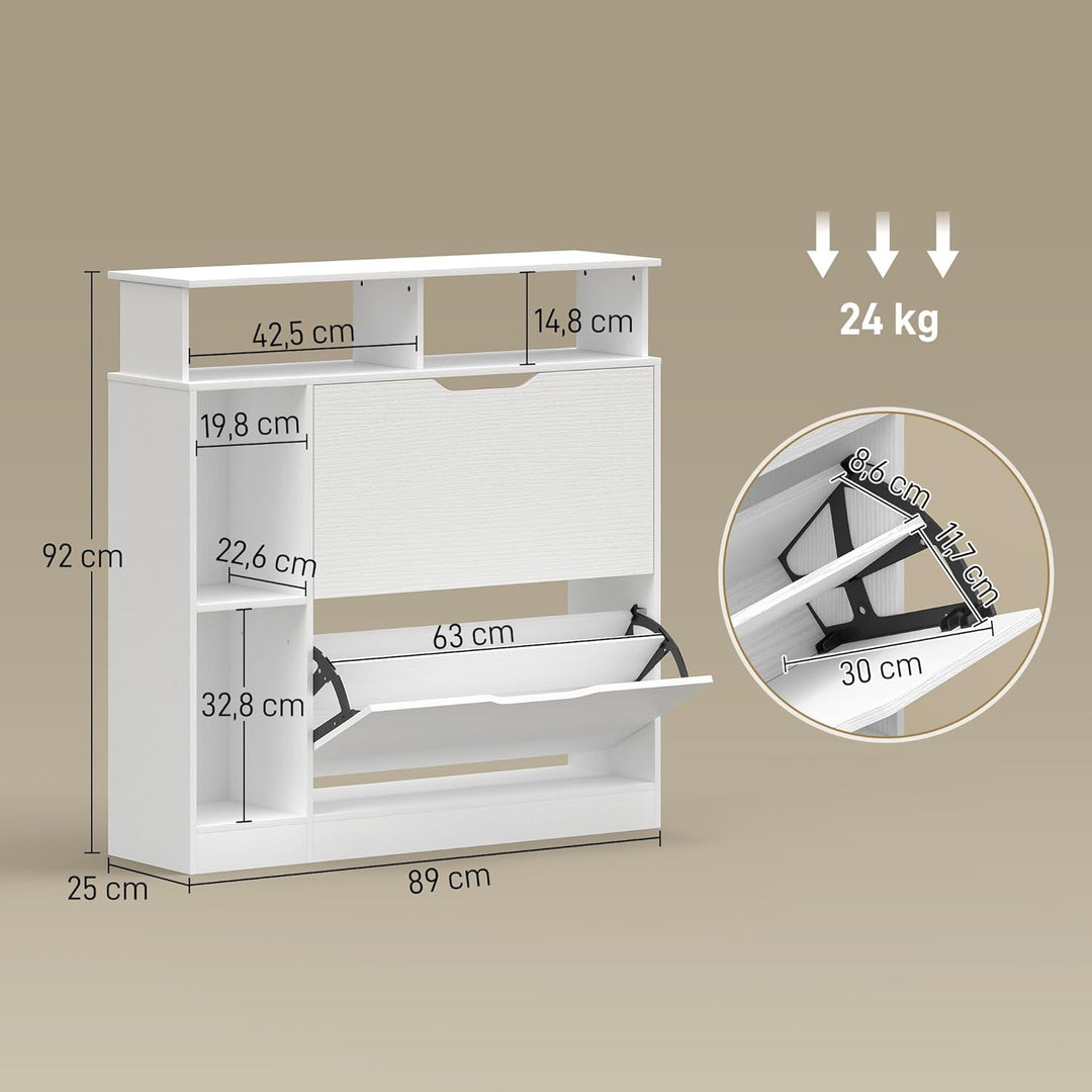 HOMCOM Schuhschrank mit 2 Klappen Schmal Schuhkipper mit Verstellbar Trennwand, offenem Fach Schuhre