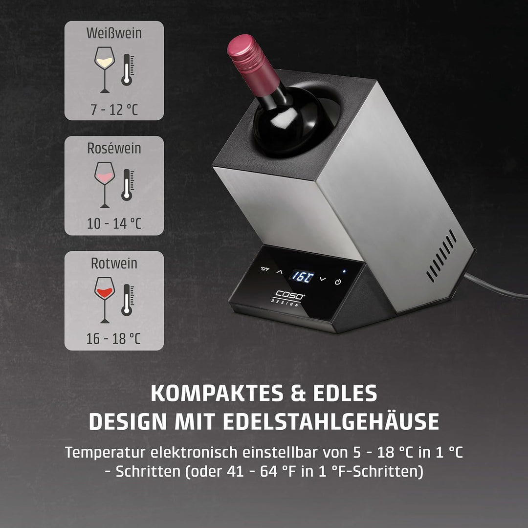 CASO WineCase One Inox - Design Weinkühler für eine Flasche, Temperaturbereich von 5-18°C, für Flasc