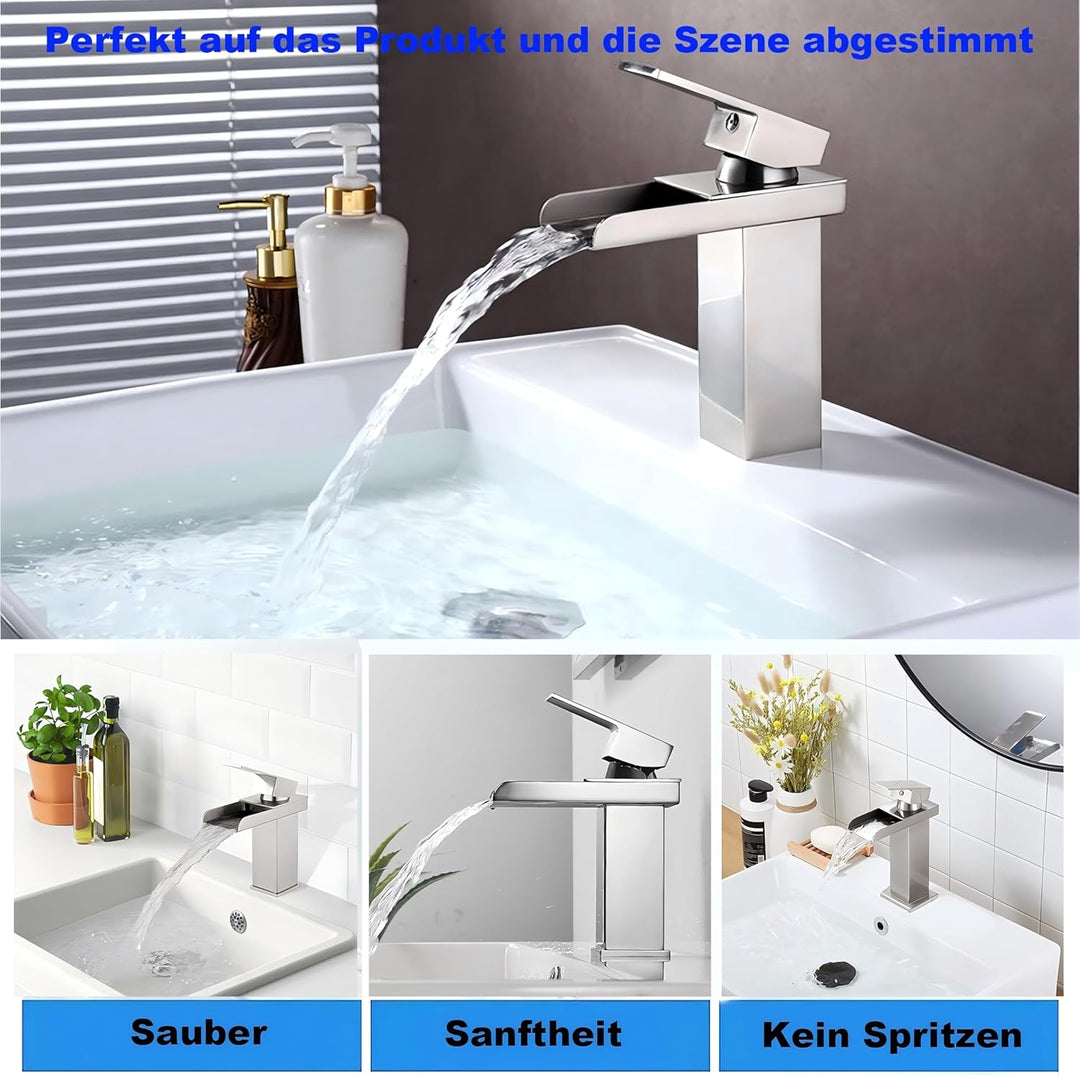 Wasserfall-Badezimmerarmatur, Badezimmerarmatur aus Edelstahl und Messing, Wassersparend, Waschtisch