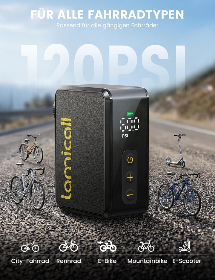 Lamicall Mini Fahrradpumpe Elektrisch Luftpumpe, 120 PSI Akku Fahrradpumpe | [Ultra Tragbare &amp; Schne