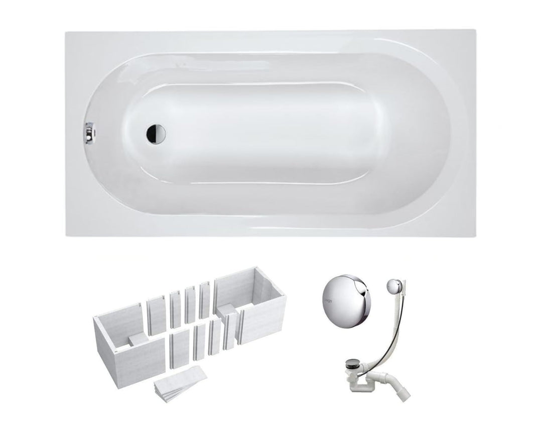 VBChome Badewanne 140 x 70 cm Weiss Acryl SET Wannenträger Siphon Wanne Rechteck Design Modern Styro