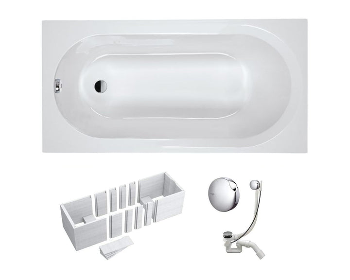 VBChome Badewanne 140 x 70 cm Weiss Acryl SET Wannenträger Siphon Wanne Rechteck Design Modern Styro